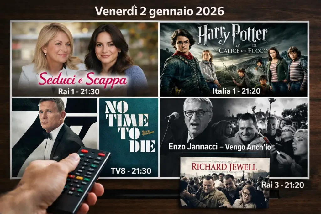 Telecomando in mano e palinsesto di venerdì 2 gennaio 2026: Rai 1, Italia 1, TV8 e Rai 3 tra fiction, cinema e musica