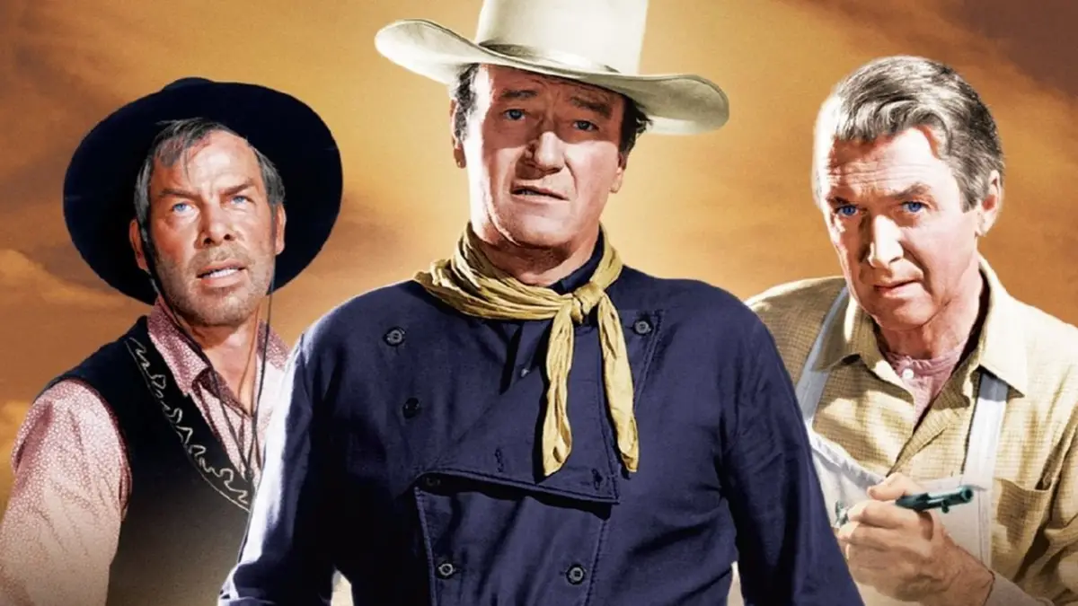 John Wayne e James Stewart in una scena de L'uomo che uccise Liberty Valance