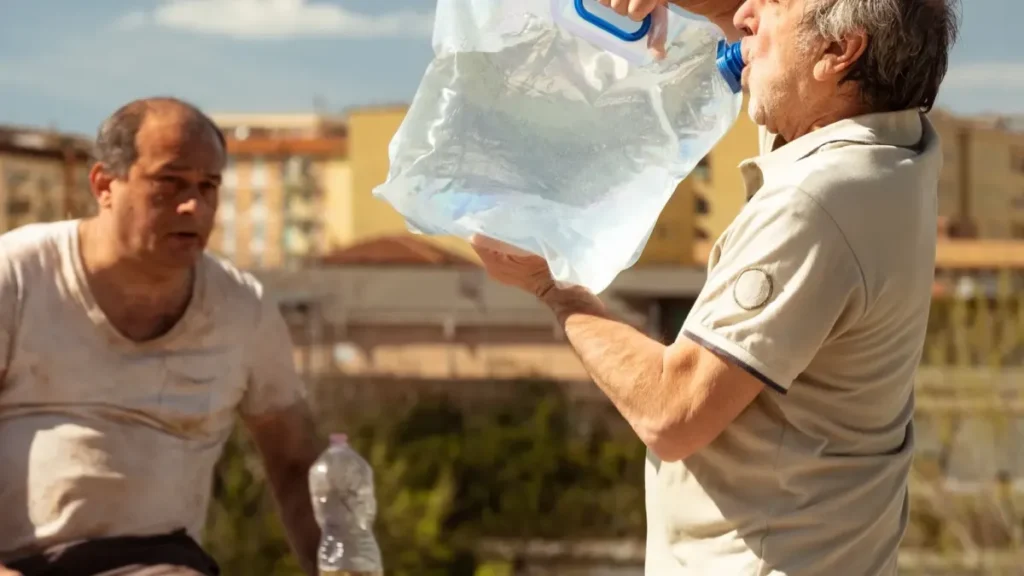 Silvio Orlando beve da una tanica d’acqua in una scena di Siccita'.