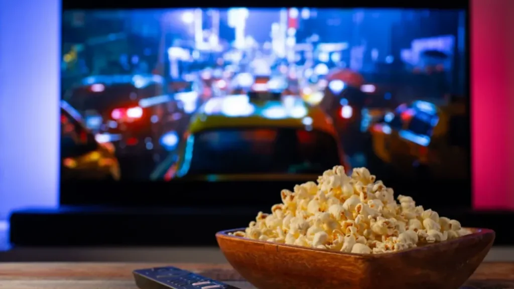 Televisore acceso con popcorn e telecomando durante una serata cinema