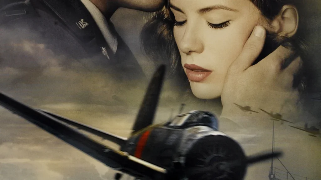 Poster di Pearl Harbor con Ben Affleck e Kate Beckinsale abbracciati davanti agli aerei da guerra